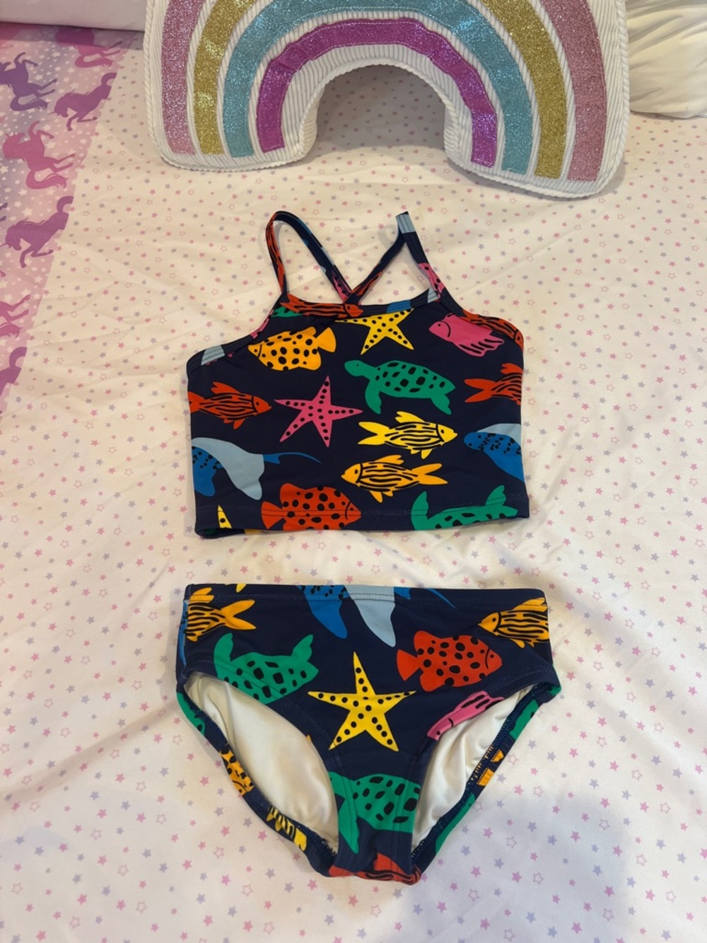 Hanna Andersson Navy Kids Two-Piece Swim Set with Multicolor Sea Creatures